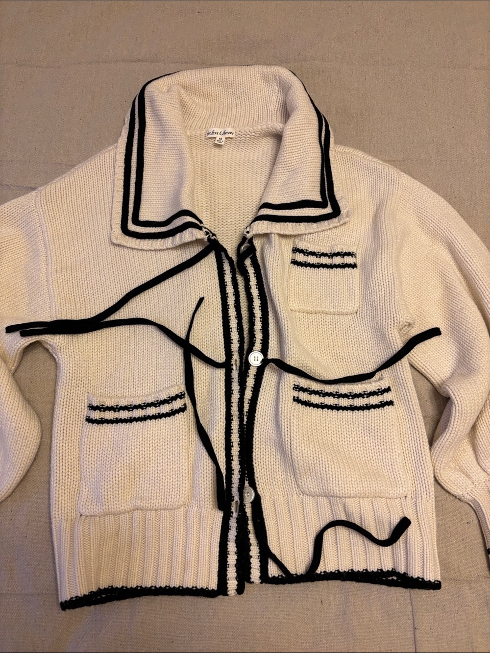 For Love & Lemons Marina Cream Knit Sailor Cardigan with Black Trim XS - Picture 9 of 15